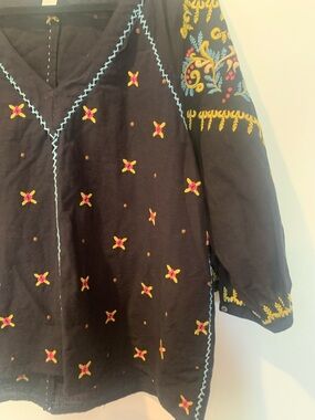 Sundance Black Embroidered V-Neck Blouse with Yellow and Pink Accents